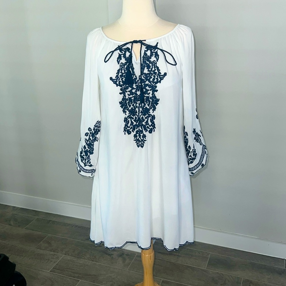 White Midi Dress with Navy Embroidery